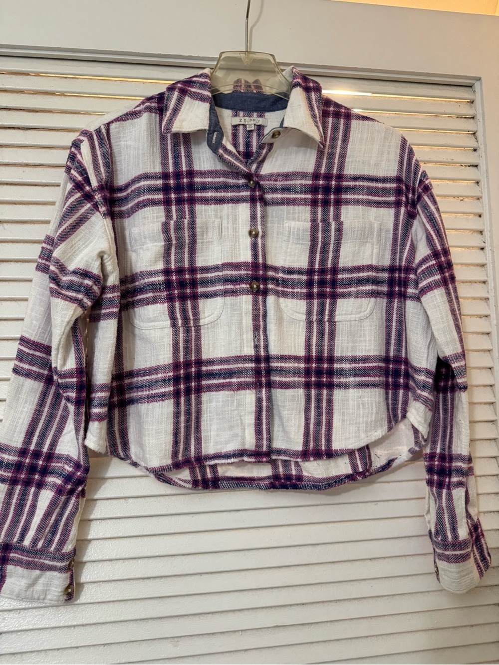 100% Cotton Z Supply White Plaid Button-Down Shirt with Purple and Navy Stripes